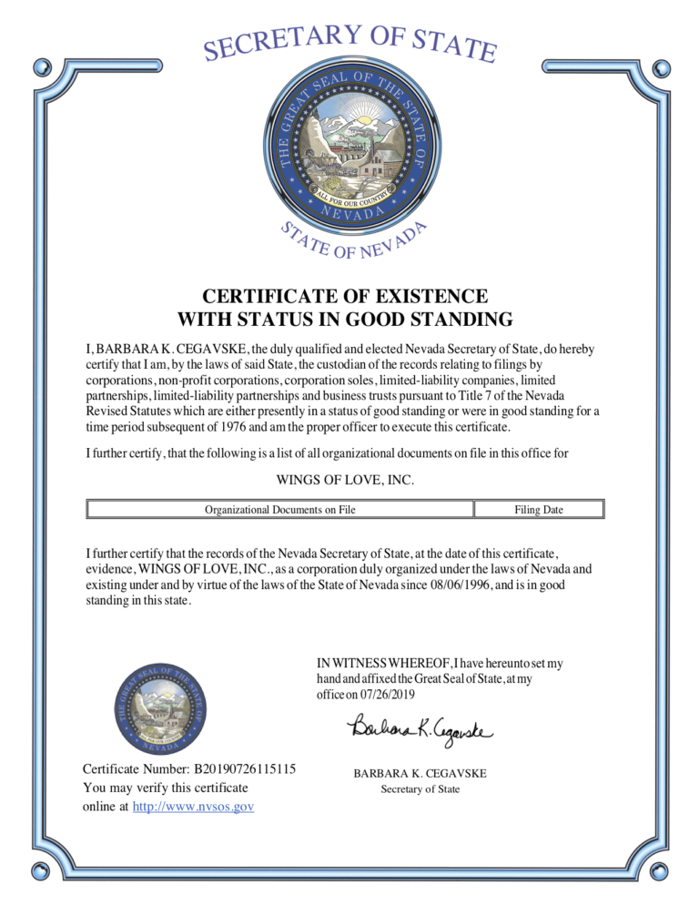 Wings of Love, Inc. Certificate of Good Standing 2019 Wings of Love, Inc. Certificate of Good Standing 2019